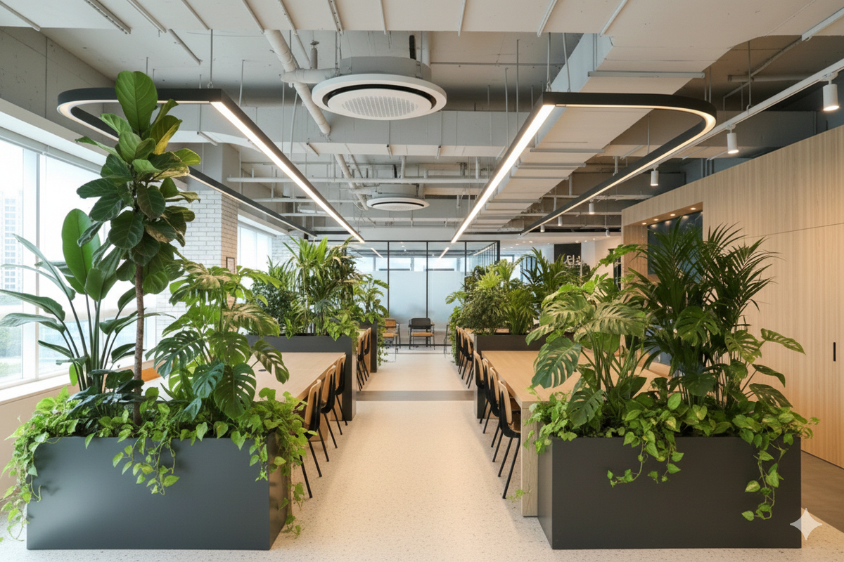 Planting inspiration: a bright shared workspace with statement plants and planted dividers