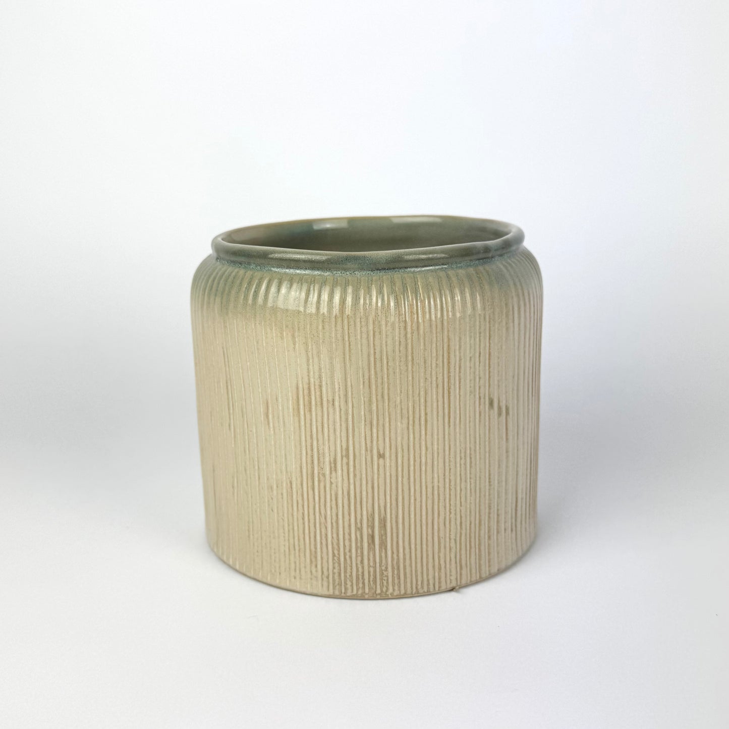 Ribbed Straight Green 14cm Premium Ceramic Pot