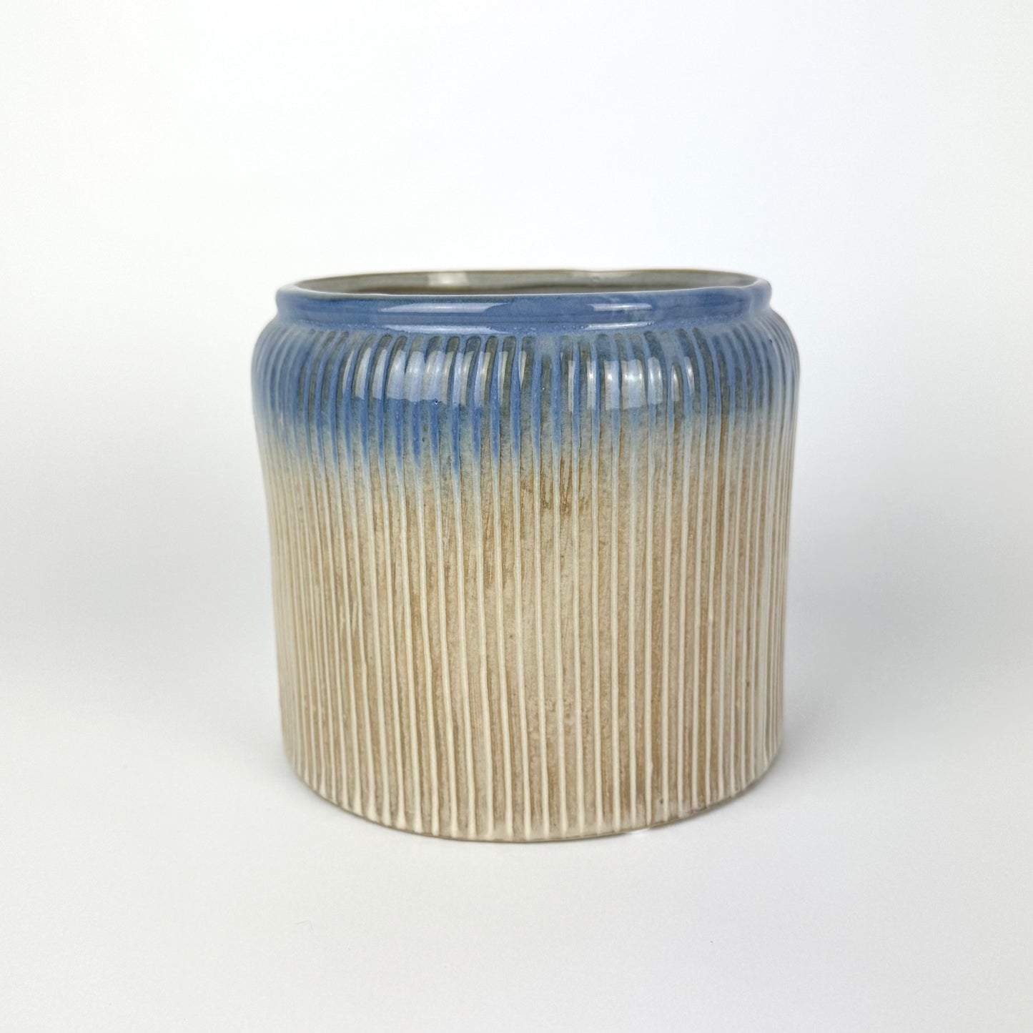 Ribbed Straight Blue 14cm Premium Ceramic Pot