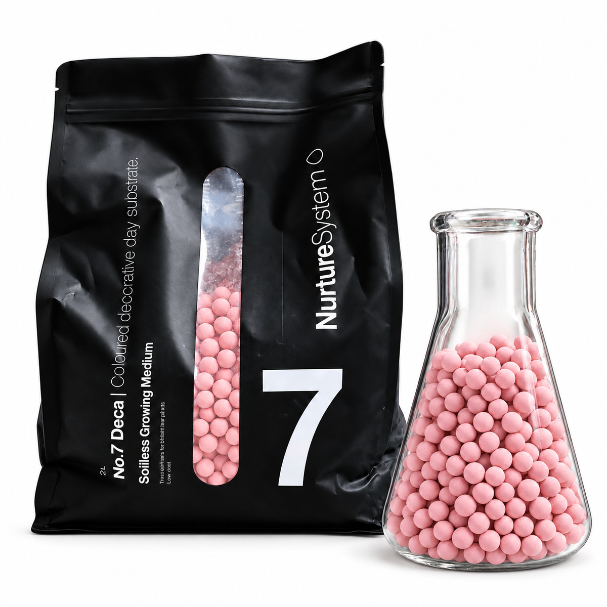 NurtureSystem No.7 DECA Pink 2L bag with pink clay pellets; flask shown for illustration