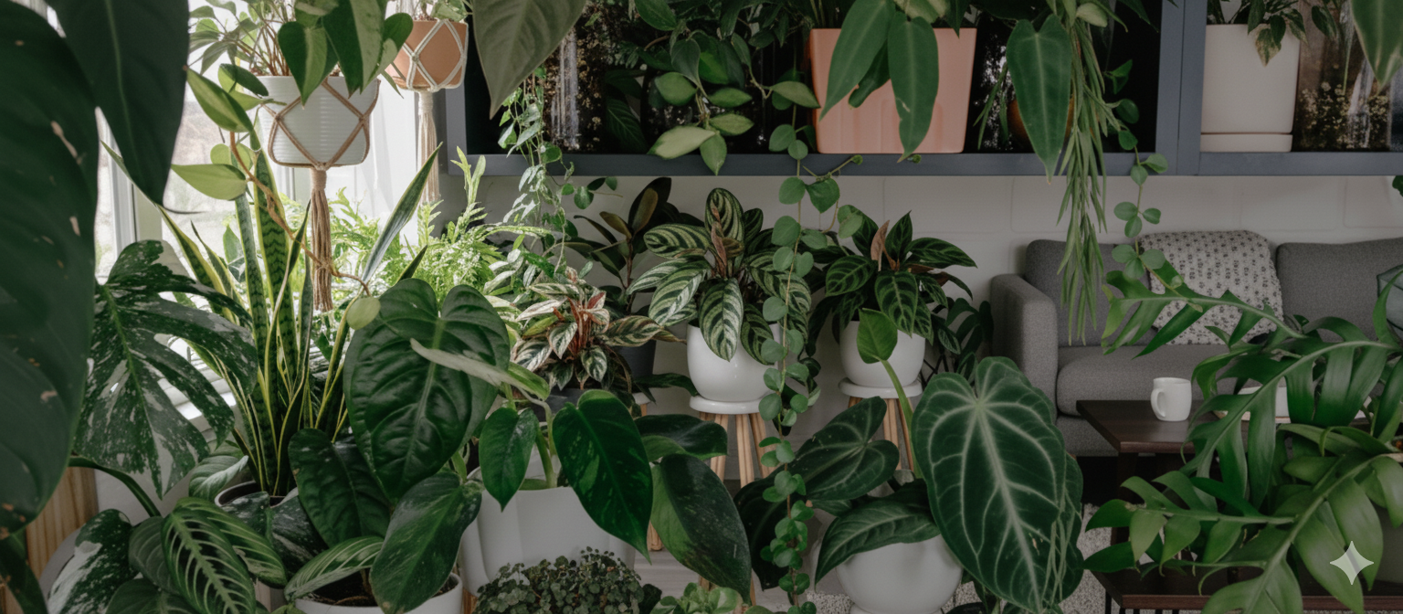A bright room filled with a varied collection of leafy houseplants